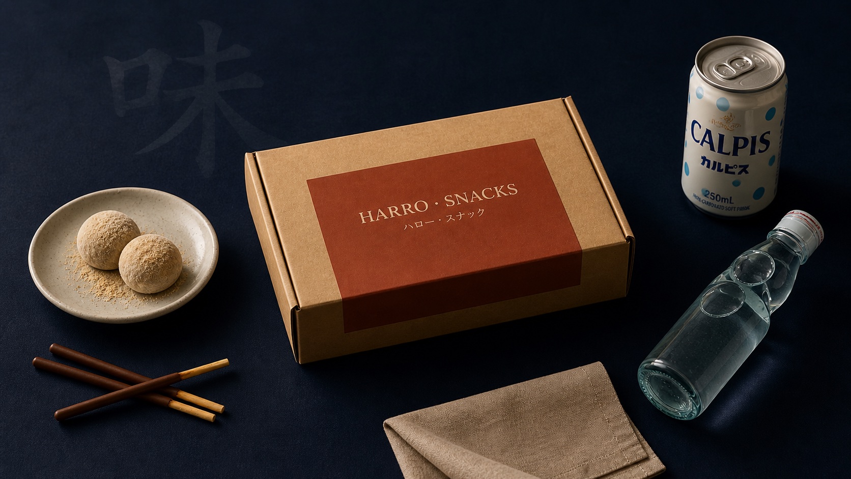 HARRO·SNACKS doos in een sfeervolle setting met thee, mochi en Japanse snacks bij avondlicht.