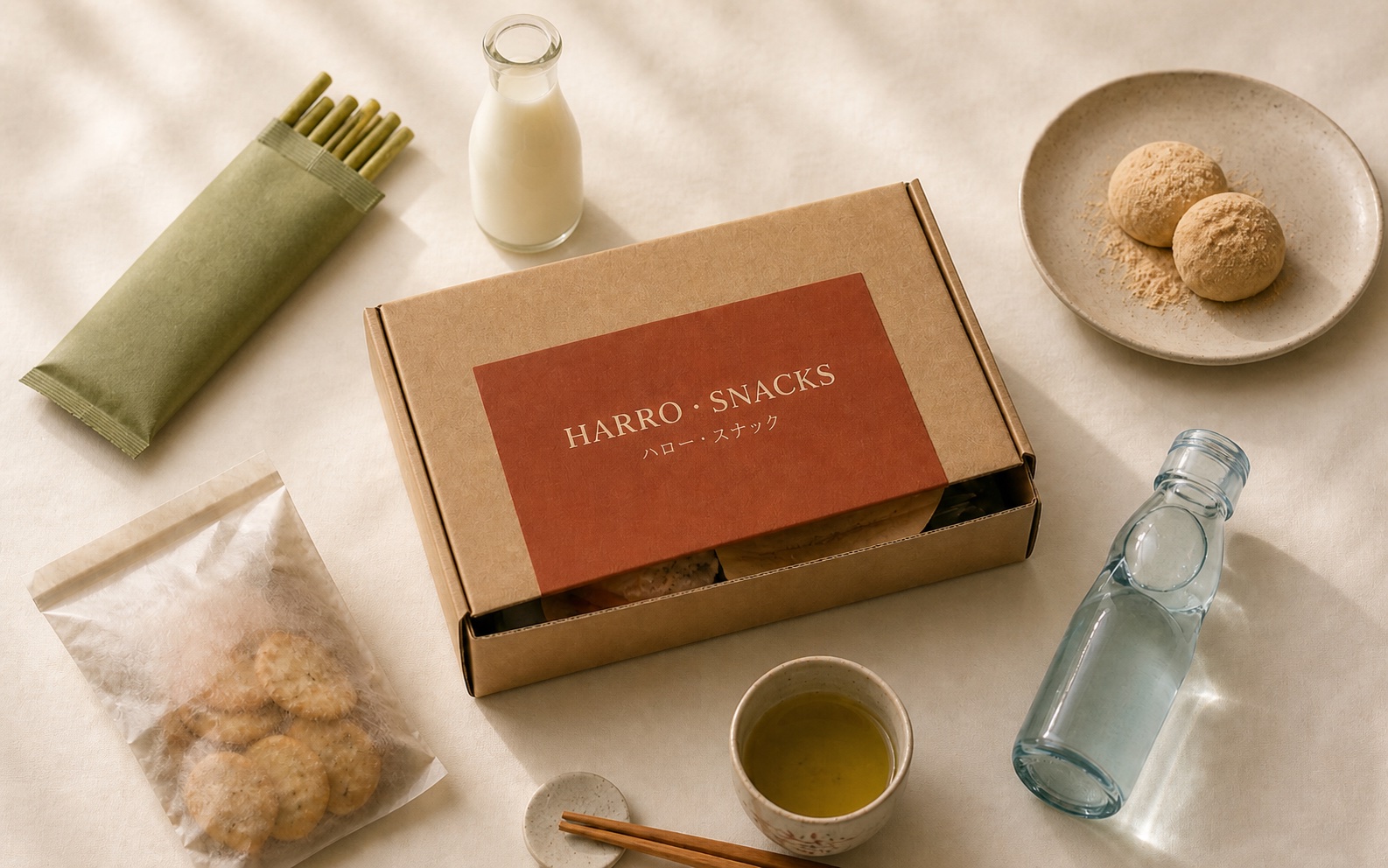 Een Japanse snackdoos van HARRO met mochi, rijstcrackers, drankjes en kraft verpakking, top-down op crème papier.