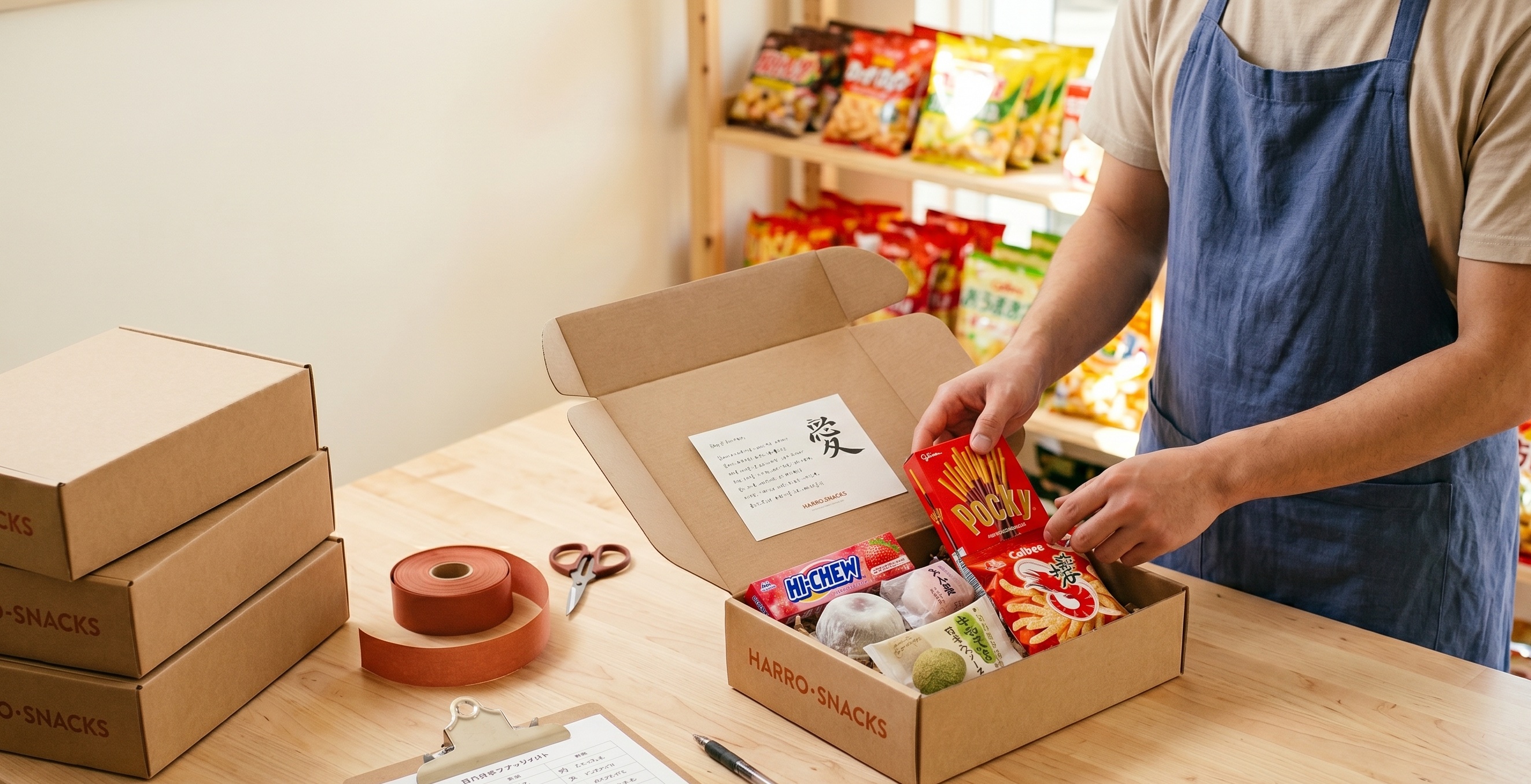 Een medewerker in de HARRO winkel in Amstelveen vult met de hand een kraft snackdoos.