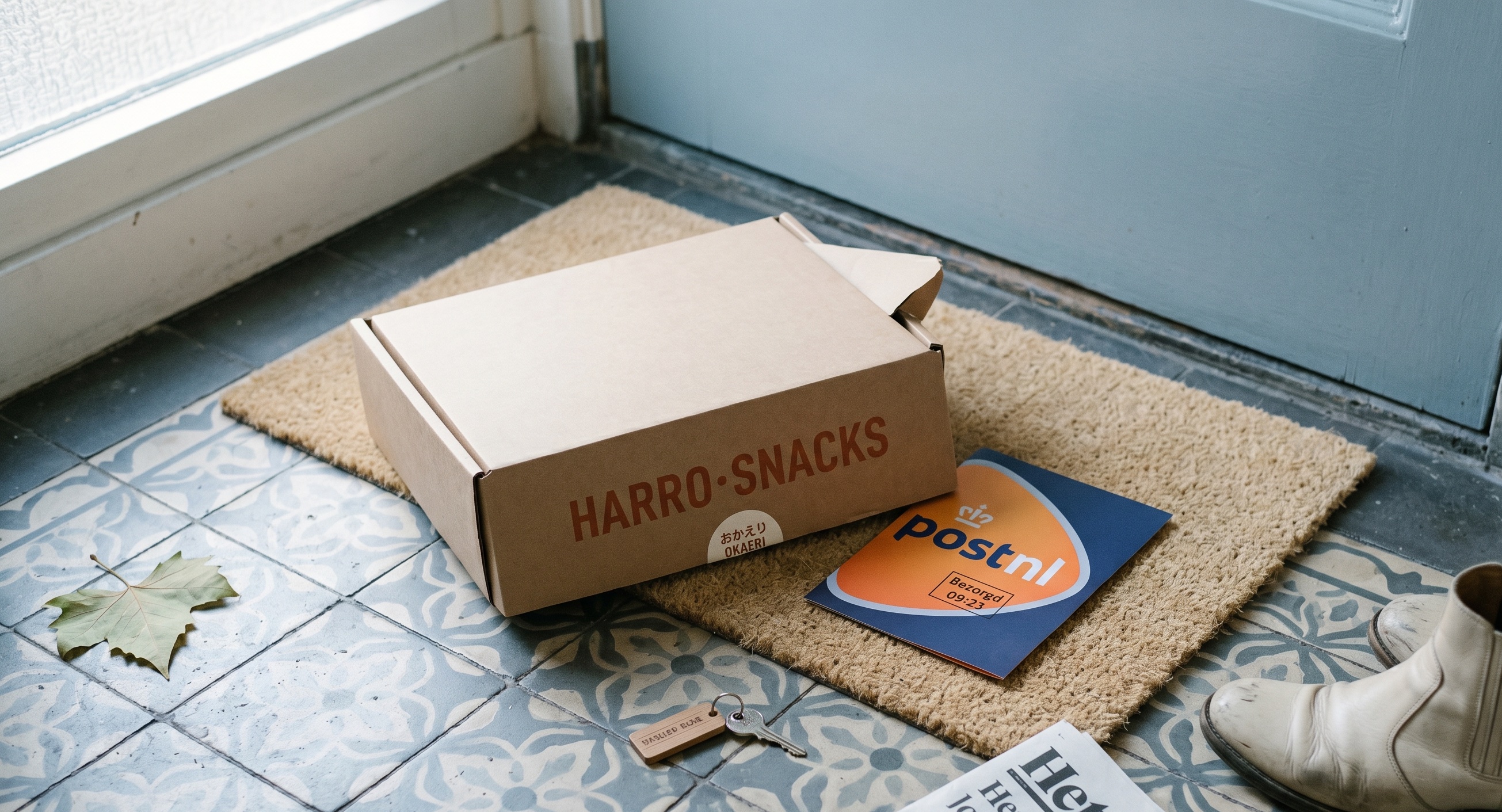 Een HARRO·SNACKS doos op een Nederlandse halmat, net bezorgd door PostNL.